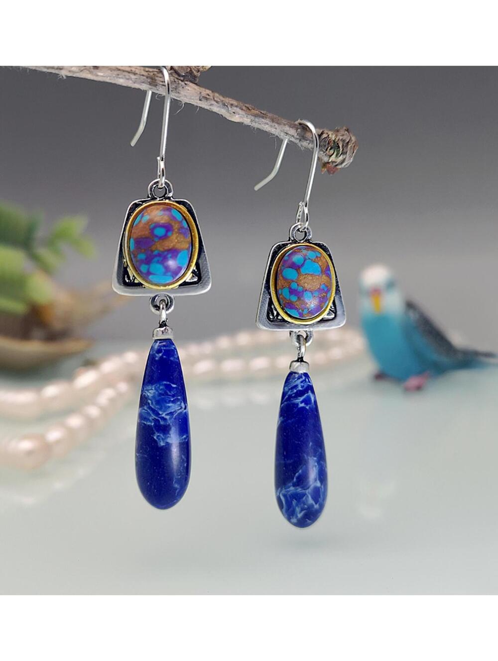 Retro multicolor dangle earrings - Silver - 2"